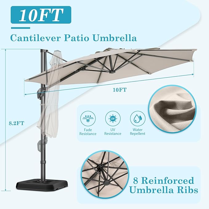 HOTIME10ft Patio Umbrella Cantilever Umbrella - Upgrade and Intensify - with 360 Rotation and 5 Angles Adjustment - Aluminum Offset Pool Umbrella Square Outdoor Umbrellas for Patio Garden Deck