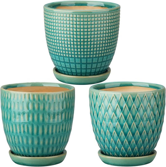 Oairse 4 inches Ceramic Planters Pots for Indoor Plants 3 Set of Small Round Flower Pots with Drainage Hole and Ceramic Tray Modern Planters Set for Succulents Cactus Garden Home Windowsill Table