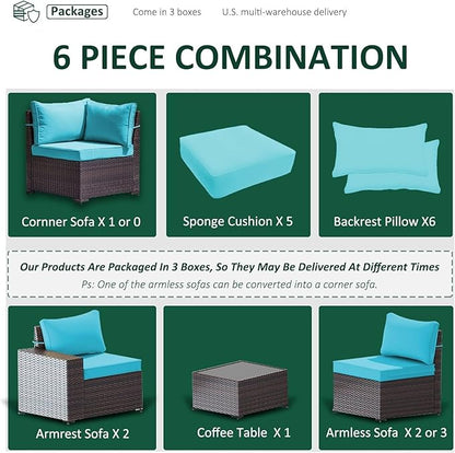 Outdoor Patio Furniture Set, 6 Pieces Outdoor Furniture All Weather Patio Sectional Sofas PE Wicker Modular Conversation Sets with Coffee Table,5 Chairs & Seat Clips Turquoise Blue.