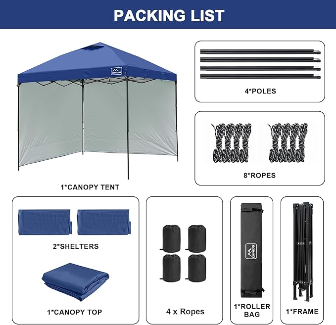 KAMPKEEPER 10x10 Easy Pop Up Canopy Tent with Sidewalls, Instant Outdoor Shade Shelter with Removable 10FT Sun Walls, Quick Setup Waterproof and UV-Resistant for Patio (Navy Blue, 2 sidewall)