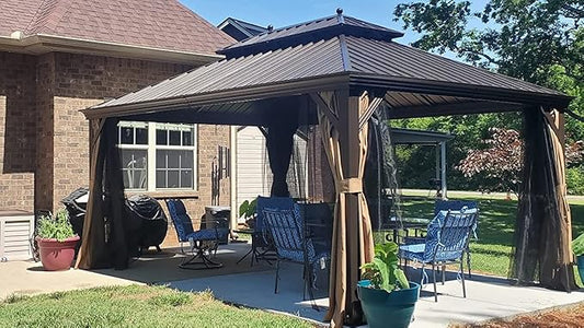YOLENY 12'x16' Hardtop Gazebo with Galvanized Steel Double Roof, Pergolas Aluminum Frame, Netting and Curtains Included, Metal Outdoor Gazebos for Garden, Patios, Lawns, Parties