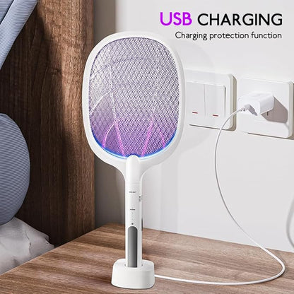 Electric Fly Swatter Indoor & Outdoor 3000V Bug Zapper Racket Dual Modes Mosquito Killer with Purple Mosquito Light Rechargeable Fly Zapper for Indoor Home Office Backyard Patio Camping