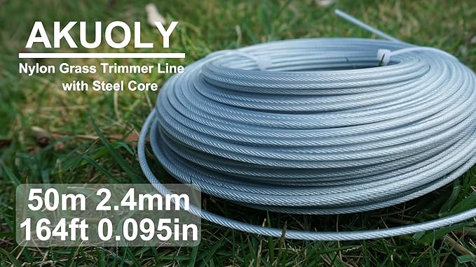 Grass Trimmer Line Nylon Steel 0.095'' 164ft/50m Round String Trimmer Spool Replacement, Steel Metal Core and Nylon Coating for Tough Weeds in Gardens and Lawns