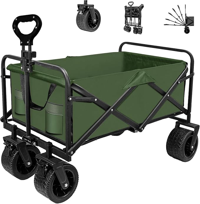 SZHLUX Collapsible Foldable Wagon with Big Wheels for Sand, Utility Grocery Wagon with Side Pocket and Brakes for Camping, Sports, Outdoor Activities