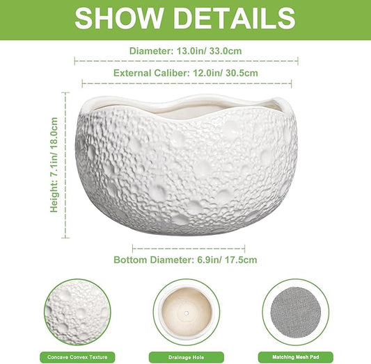 Large Bonsai Pots - 13 Inch Ceramic Planter for Indoor Outdoor, Round Plant Pot, Decorative Flower Pots with Drainage Hole, Modern Unique Planters, Garden Decor Home, Garden Gifts, White