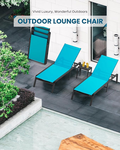 Foldable Pool Lounge Chairs, Aluminum Chaise Lounge Outdoor with 5 Positions Recliner - Free Assembly - Patio Lounge Chair for Poolside, Beach (Lakeblue)