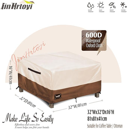 Patio Ottoman Cover Waterproof Square Outdoor Ottoman Covers, 32W x 32D x 16H Inches Patio Furniture Covering Protector Outdoor Side Table Cover, Beige&Brown