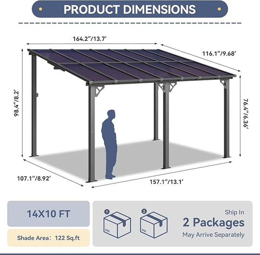 10x14FT Lean to Gazebo, Hardtop Metal Pergola with Polycarbonate Roof, Large Wall Mounted Heavy Duty Awnings, Patio Canopy for Backyard, Deck, Porch