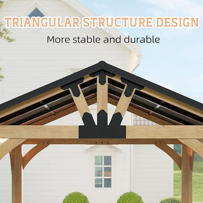 10x12 ft Wood Gazebo, Hardtop Gazebo with Galvanized Steel Peak Roof, Outdoor Pavilion for Snow Support, Wind Resistance, UV Protection, Shade for Garden, Patio, Deck