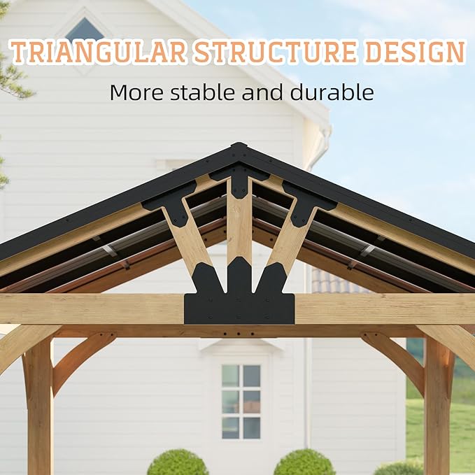 10x24 ft Cedar Wood Gazebo, Hardtop Gazebo with Galvanized Steel Peak Roof, Outdoor Pavilion for Snow Support, Wind Resistance, PowerPort, Shade for Garden, Patio, Deck