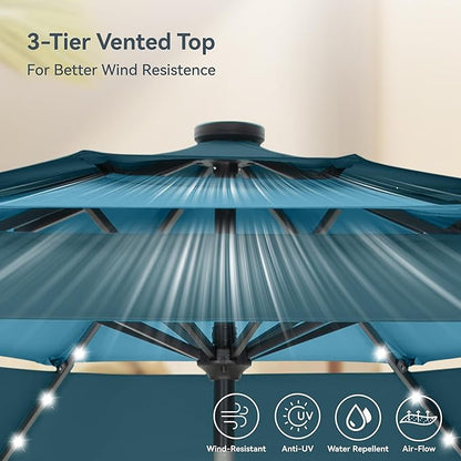 PHI VILLA 10ft Patio Umbrella with Solar Lights, Outdoor 3 Tier Vented Large Market Table Umbrella for Lawn Poolside Garden Terrace, Peacock Blue & Cerulean (No Base)