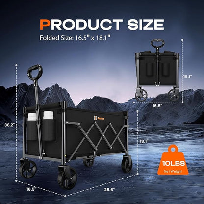 Navatiee Portable Foldable Collapsible Wagon with Wheels, 220lbs Weight Capacity Utility Grocery Shopping Cart, Lightweight Mini Folding Wagon for Outdoor, Black