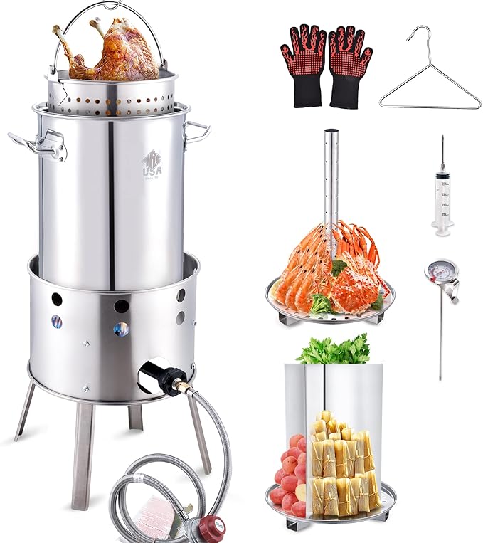 ARC 32QT Stainless Steel Turkey Fryer Kit With Burner, Seafood Boil Pot And Burner With Basket,Crawfish Boil Tamale Steamer Crab Boil Pot With Injector Thermometer, High Temperature Resistant Gloves