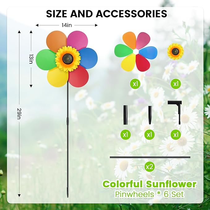 6PCS Sunflower Wind Spinners with Stakes 14" W x 29" H Wind Spinners Lawn Pinwheel Rainbow Windmill Outdoor Pinwheels for Yard Decoration（Rainbowcolors）