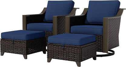 4 Piece Wicker Patio Conversation Set, All-Weather Use Outdoor 2 PE Rattan Swivel Chair, 2 Ottoman, Removable Water-Resistant Cushion, Ideal for Porch, Backyard, Balcony, Poolside, Blue