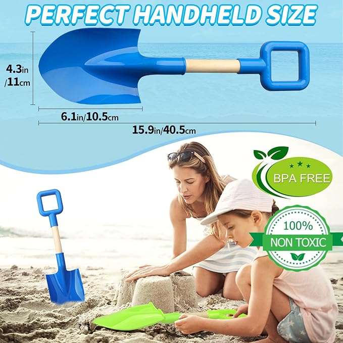16" Beach Sand Shovels Toy for Kids, Garden Scoop Tool Kits, Sturdy Long Handheld Wooden Plastic Spade for Sand Digging, Summer Backyard (Blue Green)