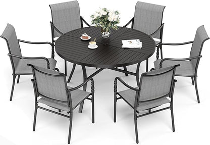 Patio Table and Chairs Set of 6, All-Weather Breathable Textilene Patio Chair with Gourd-Shaped Armrests, 54x54 Round Table with Umbrella Hole, 7 Pcs Metal Frame Patio Dining Set