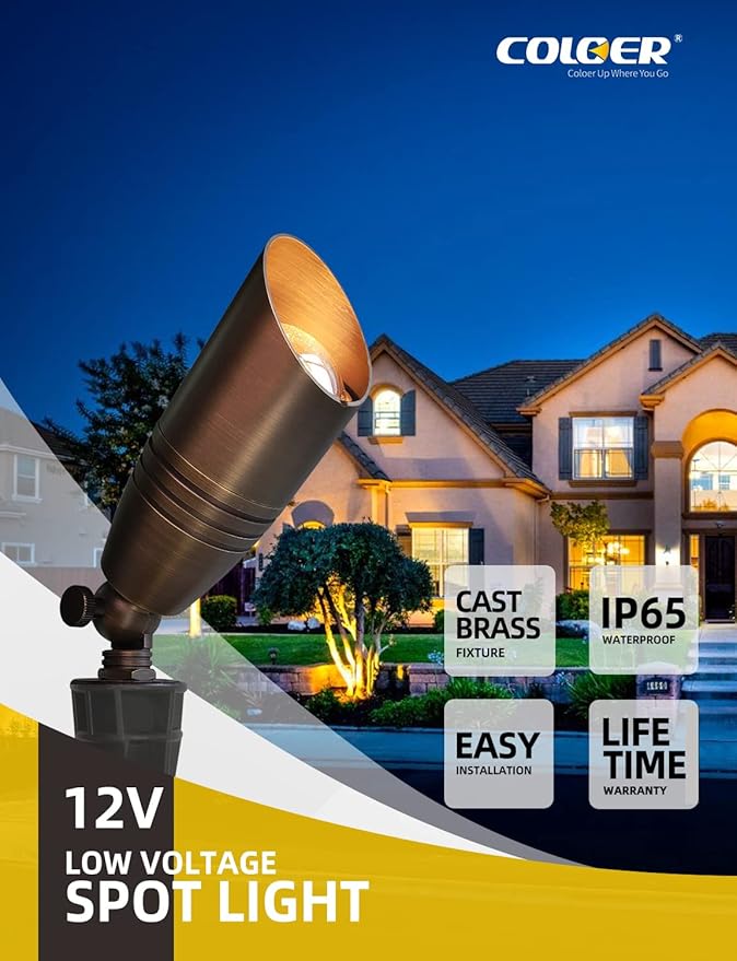 COLOER Die-cast Brass Landscape Spotlights Outdoor with 5W Aluminum Housing LED MR16 Bulb 2700K 450LM,12V AC/DC Low Voltage Lighting, Outdoor Directional Up Light, Spot Lights for Yard(102B,1 Pack)