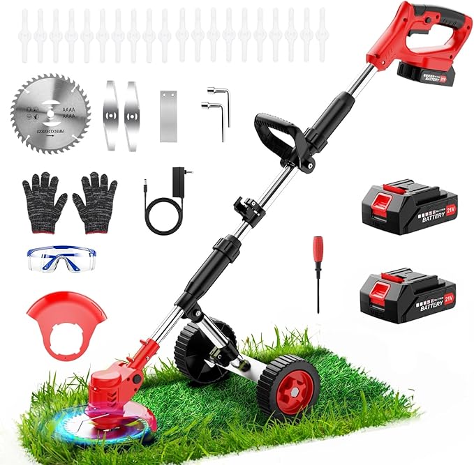 Electric Weed Wacker Cordless with Wheels,21V 2×2000mAh Weed Eater Battery Powered, 6-inch Cordless String Trimmer with 3 Types of Blades, Electric Grass Trimmer,Lawn Edger, Mower for Yard,Garden