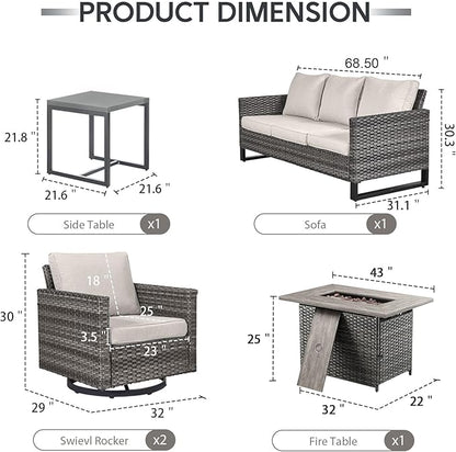 5 Piece Wicker Patio Furniture with Fire Pit Table - Outdoor Conversation Set with 50,000 BTU Fire Pit, All Weather Rattan Patio Set for Deck Backyard Garden - Grey Wicker Beige Cushion