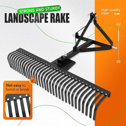 KUAFU 60" Landscape Rake, 3 Point Rake 360 Rotation Compatible with Category 1 Cat1 Compact Tractors Tow-Behind Garden Tool for Garden, Farm, Clearing Brush, Raking Arenas 2 Package Black