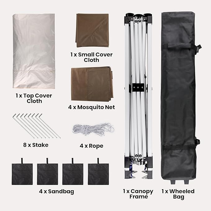 Bealife 11x11 Pop Up Gazebo Tent with Mosquito Netting, Outoor Canopy Tent with 4 Sandbags, 8 Stakes, 4 Ropes, Roller Bag, Pop Up Canopy Tent for Lawn Backyard Garden Deck, Beige