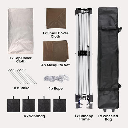 Bealife 11x11 Pop Up Gazebo Tent with Mosquito Netting, Outoor Canopy Tent with 4 Sandbags, 8 Stakes, 4 Ropes, Roller Bag, Pop Up Canopy Tent for Lawn Backyard Garden Deck, Beige