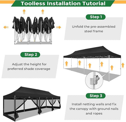 COBIZI 10x30 Heavy Duty Pop Up Canopy with 8 Sidewalls, Commercial Gazebo Party Tent with Mosquito Netting Wall Easy Set Up Outdoor Instant Screen Tent for Backyard, Patio, Garden, Black