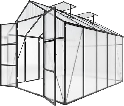 Greenhouse for Outdoors 8x10x7.8FT, Polycarbonate Greenhouse with Stronger Wind Protection and Roof Vent, Walk-in Large Aluminum Sunroom Winter Proof, Black