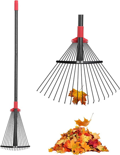 Garden Rake for Leaves: 70 Inch Adjustable Long Handle 18 Metal Tines with 8-17" Expandable Head Heavy Duty Metal Rake for Lawns Leaves Yard Grass Camping Debris