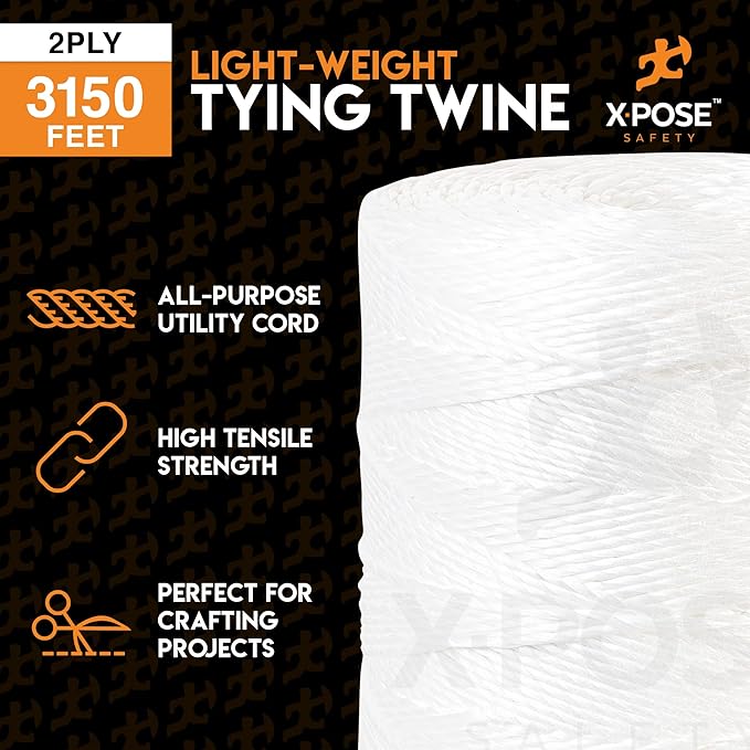 Polypropylene Tying Twine - 2 Ply White Plastic Poly String 4200' Roll - Soft On Hands - Heavy Duty Outdoor & Indoor Tie Line - Baling, Shipping & Bundling Twine, Packaging Rope 4 Pack