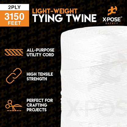 Polypropylene Tying Twine - 2 Ply White Plastic Poly String 4200' Roll - Soft On Hands - Heavy Duty Outdoor & Indoor Tie Line - Baling, Shipping & Bundling Twine, Packaging Rope 4 Pack
