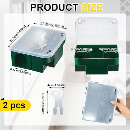 Qualirey 4 Pcs Rat Bait Station 8.86 x 7.28 x 3.62 in Rat Traps with Openable Lid, Blocks Boxes with Keys for Big Mouse, Keeps Children and Pets Safe Indoor & Outdoor, Bait Not Included (Clear,Green)