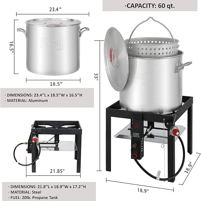60 QT Aluminum Seafood Boil Pot with Basket and Burner, 100,000 BTU Propane Boiler with 10 PSI Regulator, Outdoor Fryer Kit for Seafood Boiling, CSA Certified