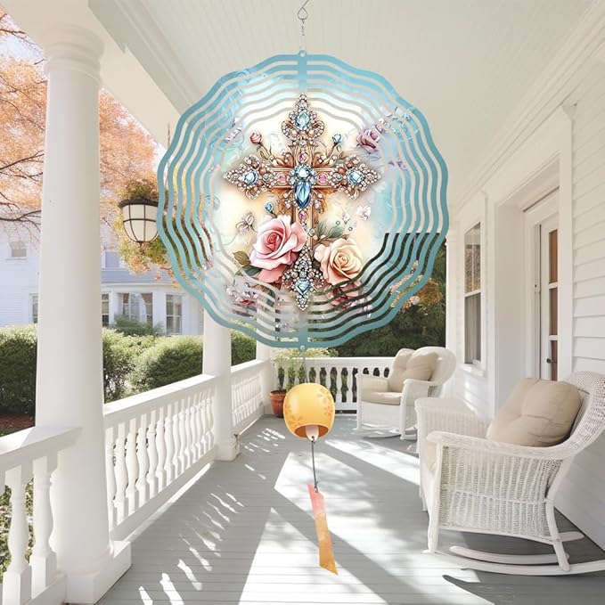 Cross Flower Wind Spinner, Metal Wind Spinners Outdoor/Indoor, God Cross Hanging Garden Decor for Outside, Stainless Wind Spinners for Yard and Garden 10 inch 3D (25.76X25 CM)