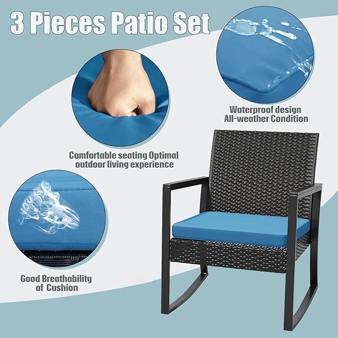 3 Pieces Outdoor Patio Set -Wicker Rattan Chair Conversation Set with Glass Table for Poolside Yard Rocking Chair Set for Bistro Garden Front Porch All Weather Patio Furniture Set
