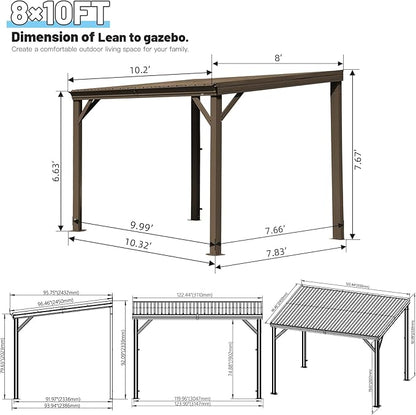 Domi 8’x10’ Lean-to Gazebo, Hardtop Wall-Mounted Gazebo Pergola with Sloping Galvanized Steel Roof and Upgraded Drainage System, Outdoor Permanent Metal Shelters for Patio Backyard Deck, Brown