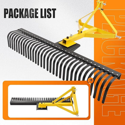 KUAFU 60In Landscape Rake, 3 Point Rake, 360 Rotation Compatible with Category 1, Cat1 Tractors Tow-Behind Garden Tool for Garden, Farm, Clearing Brush, Raking Arenas 2 Package Yellow