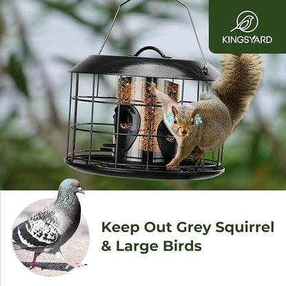 Kingsyard Mesh Caged Bird Feeders for Outdoor Hanging, Tube Squirrel Proof Bird Feeders with Tray for Small Birds Finches Bluebird, Rain Proof Covered, 4 Feeding Ports, Black