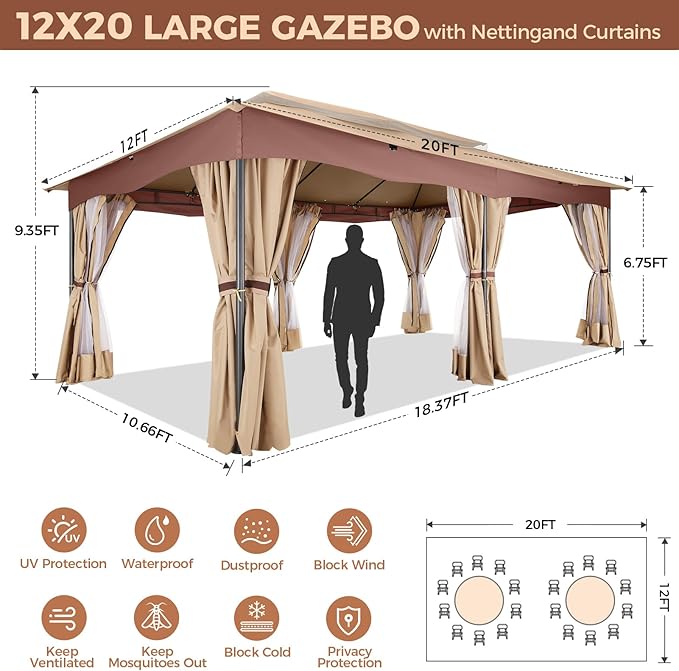 COBIZI Gazebo 12x20 Heavy Duty Gazebos with Curtain and Netting Outdoor Gazebo Canopy Double Roof Patio Gazebos with Metal Steel Frame for Patio, Deck, Backyard (Khaki)