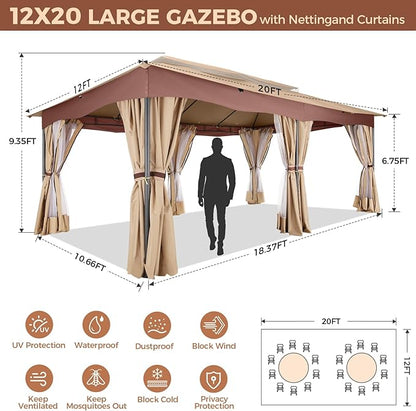 COBIZI Gazebo 12x20 Heavy Duty Gazebos with Curtain and Netting Outdoor Gazebo Canopy Double Roof Patio Gazebos with Metal Steel Frame for Patio, Deck, Backyard (Khaki)