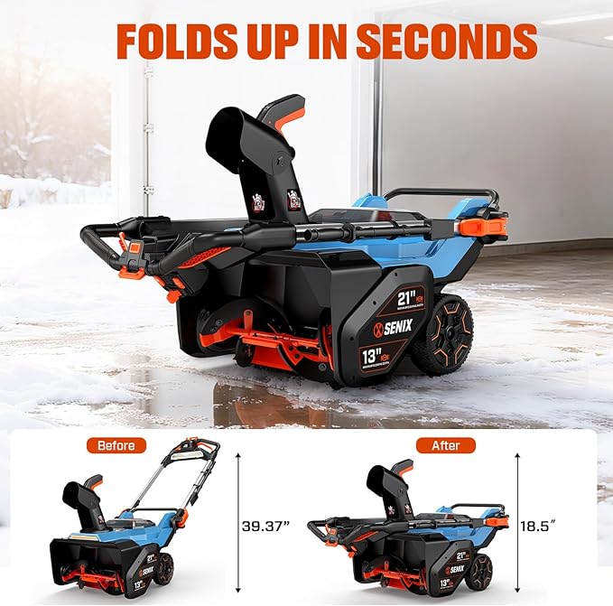 SENIX 21-Inch 60 Volt Cordless Snow Blower with Heated Handles and Steel Auger, 13-Inch Clearing Depth, 45-Foot Max Throw Distance, Dual LED Lights, 2 * 8.0Ah Batteries and Dual Port Charger Included