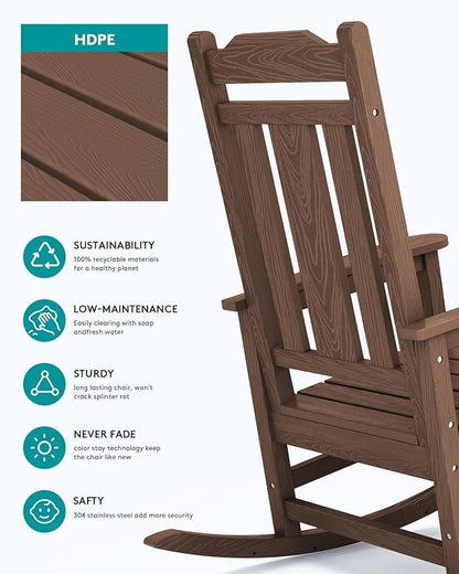 SERWALL Oversized Rocking Chair Set of 2 Outdoor, HDPE Outdoor Rocking Chair Set of 2, Coffee