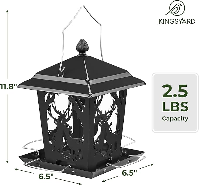 Kingsyard Metal Bird Feeder for Outdoor Hanging - Unique Design Wild Bird Hopper Feeder with 4 Perches and Rainproof Roof, Black