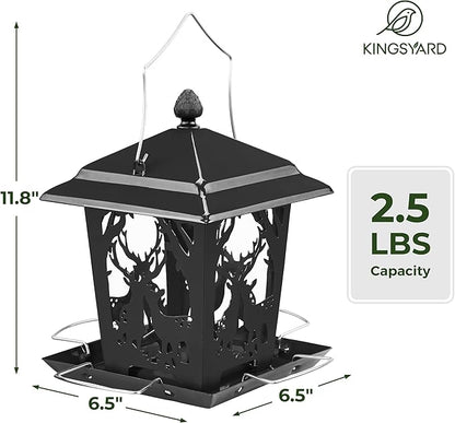 Kingsyard Metal Bird Feeder for Outdoor Hanging - Unique Design Wild Bird Hopper Feeder with 4 Perches and Rainproof Roof, Black