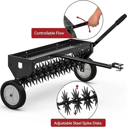 YITAMOTOR 40" Tow Behind Spike Aerator, Durable Lawn Aerator for Soil Penetrator with Transport Wheels & Galvanized Plug Coring Tines & Universal Hitch Tow Bar & Side Control Handle for ATV,Black