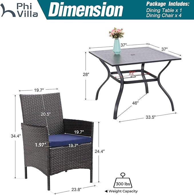 PHI VILLA 5 Piece Patio Dining Set for 4, 37" Square Metal Dining Table with Umbrella Hole & 4 Cushioned Rattan Chairs for Outdoor, Deck, Yard, Porch
