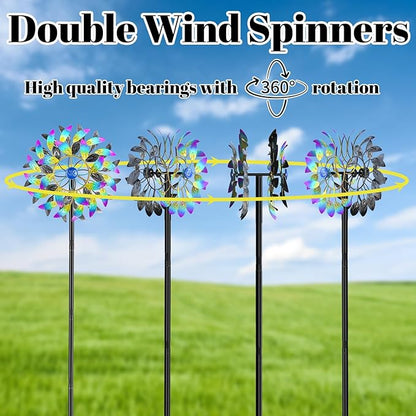 Metal Outdoor Wind Spinner, 2-Way Wind Sculpture Spinner with Metal Stake, Waterproof 360 Degrees Kinetic Windmill Art Decoration for Patio Garden Lawn (A- Colorful)