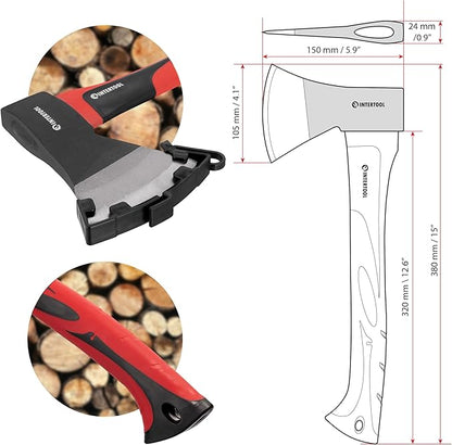 INTERTOOL Hatchet for Chopping Wood and kindling - Small Hand Axe for Camping Firewood - 15” Survival Ax - with Shock-Absorbing Fiberglass Anti-Slip Handle HT-0261