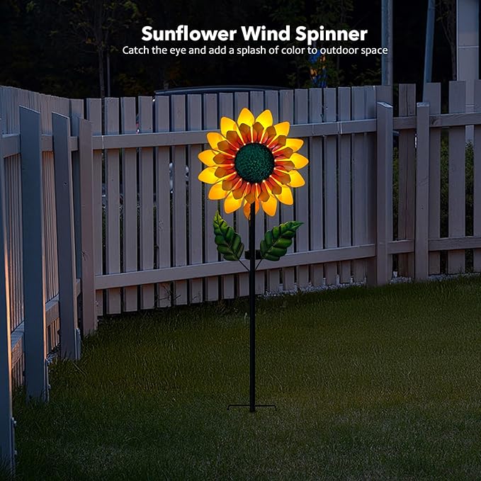 Sunflower Solar Wind Spinners for Yard and Garden - 52" Metal Windmill Ligths with LED Wind Sculptures with Stake for Lawn Patio Decor